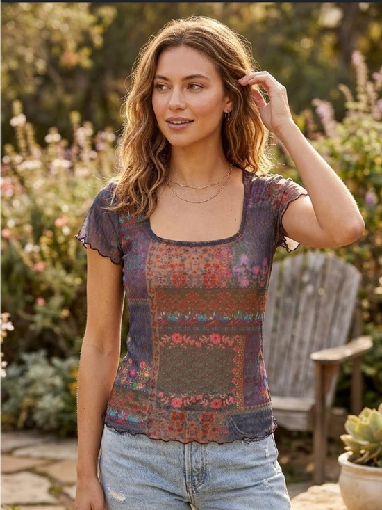 NATURAL LIFE Tops - NATURAL LIFE Multicolor Floral Patchwork Scoop Neck Short Sleeve Top